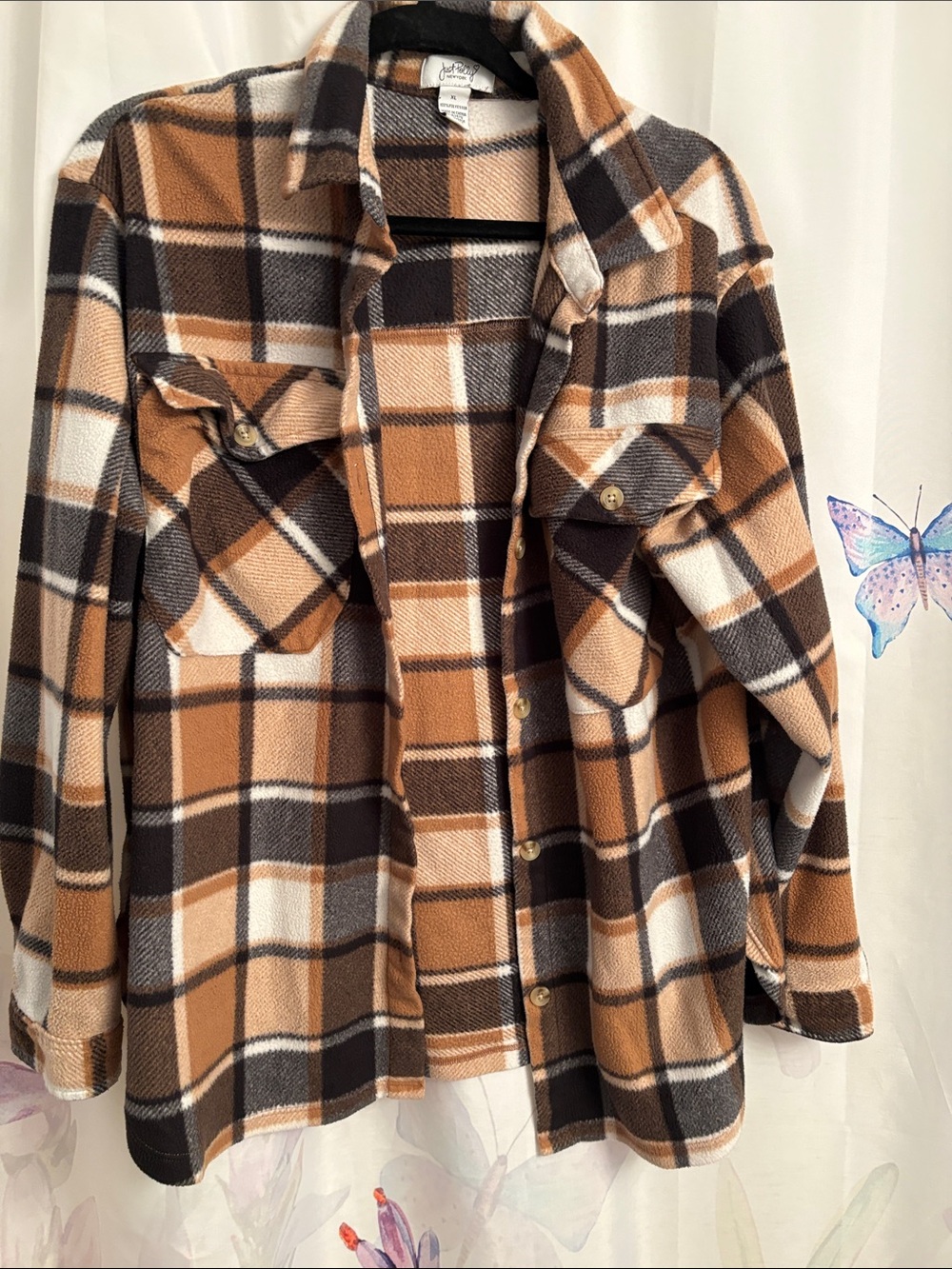 Plaid Button-Front Shacket in Brown & Cream women’s large